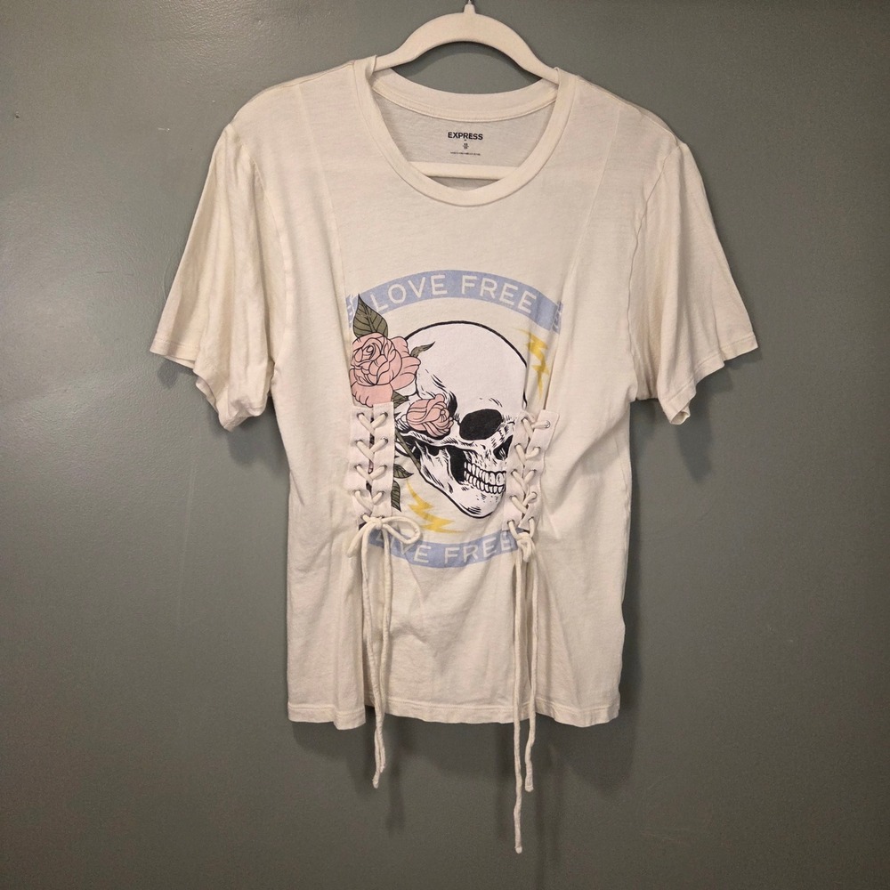 Express Women's Love Free Live Free Lace Up Oversized‎ Graphic T-Shirt Size XS
